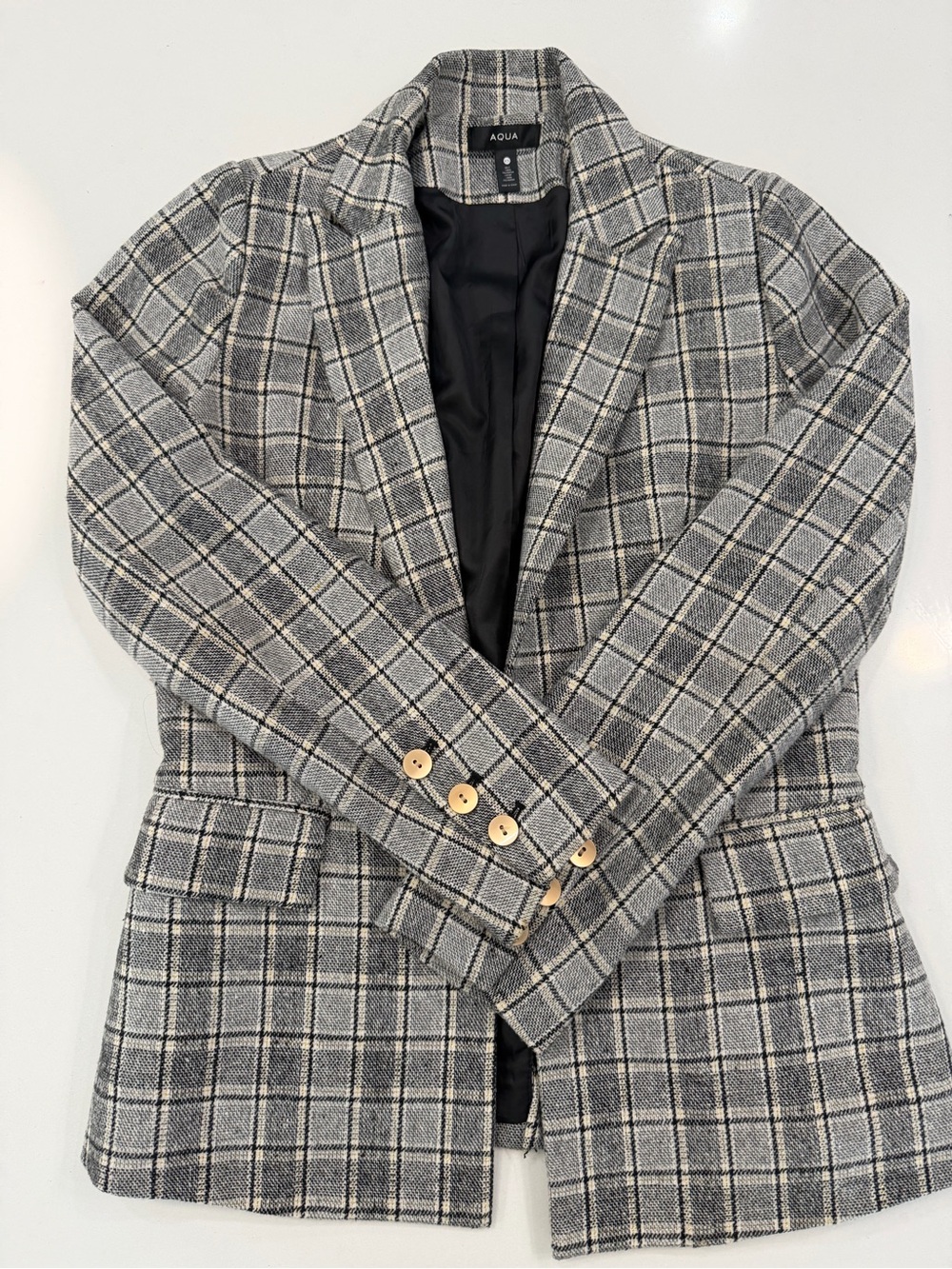 Aqua Gray Plaid Notch-Lapel Blazer